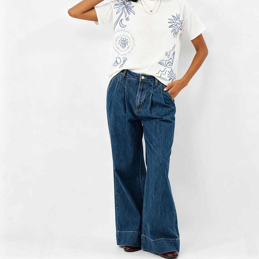 Pleat Waist Wide Leg Jeans