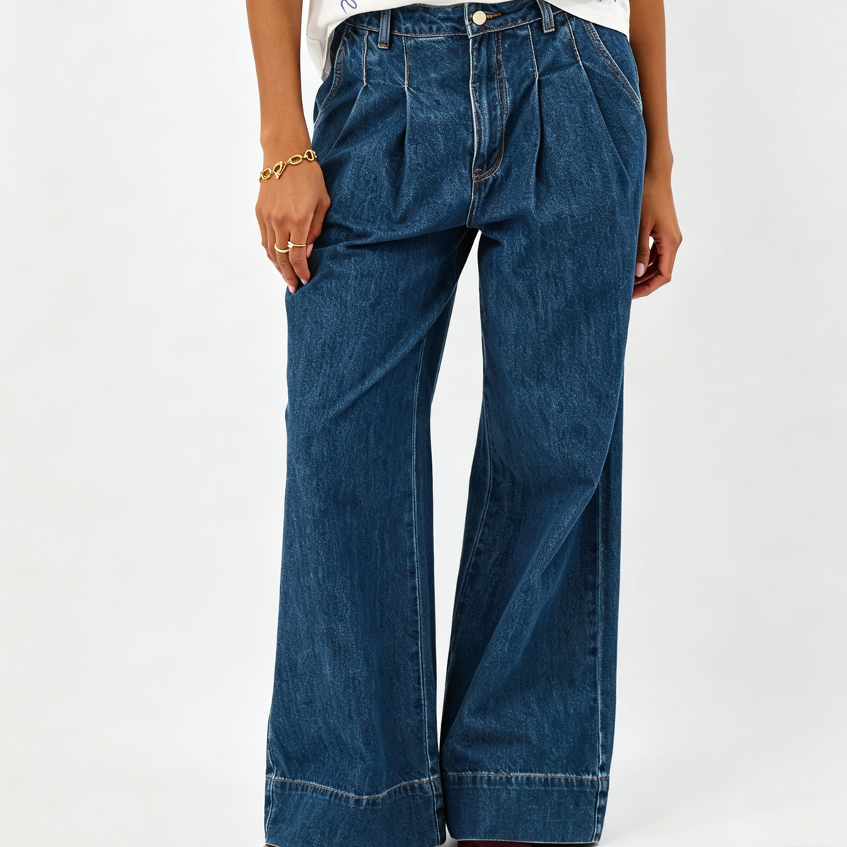 Pleat Waist Wide Leg Jeans